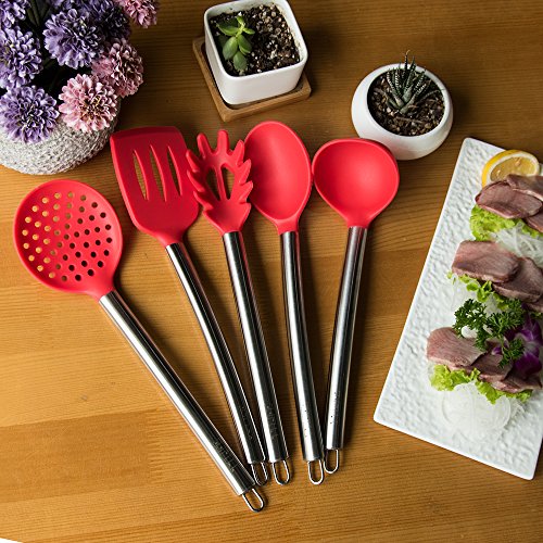 TTLIFE hochwertig 5-teilig Küchenhelfer Set aus Silikon mit Edelstahl Griff- Pfannenwender, Schaumlöffel, Suppenkelle, Spagettilöffel, Soßenlöffel - 2