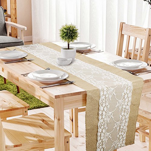 PsmGoods® Rustic Burlap Lace Hessischen Tischläufer Natürliche Jute für Hochzeits-Festival Ereignis Tischdekoration 12×108 „Weiße Spitze- - 4