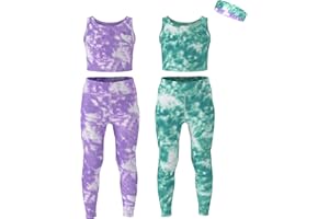 Essenclo Girls Athletic Leggings Yoga Pants w/Sleeveless Crop Tank Tops for Kids Workout Cheer Dance Run Sizes 3-16, 5pc Set
