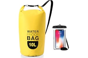 AUSYIWI Wodoodporny worek z wodoodpornym etui na telefon komórkowy, worek przeciwdeszczowy z regulowanym paskiem na ramię do kajakarstwa raftingowego pływania łódką na kemping podróż pływanie, Żółty,