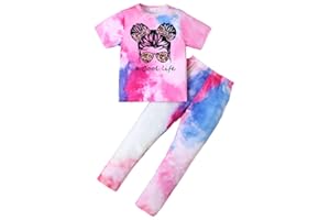 KONFEN Conjunto Ropa Niña 2 Piezas, Tie-dye Hip Hop Top Manga Corta + Pantalones, Top e Pantalones Jogger Deportivo Ropa Street Dance Verano Otoño para Niña 6 a 11 Años, Negro/Morado/Rosa y Azul