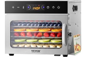 VEVOR Livsmedelstork, 6 brickor i rostfritt stål, elektrisk mattork, 400 W, justerbar temperatur, 24 h timer, frystorkning för kött, frukt, grönsaker, hundgodis