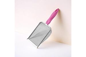 PLUSHPLUMAGE Small Holes Cat Litter Scoop,Stainless Steel Mesh Scooper,Durable,Heavy Duty,Easy to Clean,for Litter Box,Pet Litter Cleaning Tool for Cat Dog Rabbit (Pink, Hole:2mm)