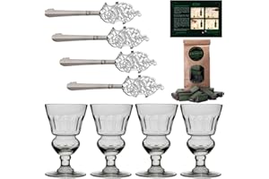 Absinth Zubehör Set von ALANDIA | 4X Mundgeblasene Gläser mit Reservoir | 4X Löffel aus Edelstahl | 1x Zuckerwürfel