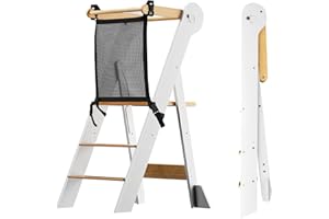 COSYLAND Foldable Toddler Standing Tower Height Adjustable - Highly Pre-Assembled Kid Kitchen Step Stool Helper for Learning and Cooking - Kid Kitchen Stand with Stability Blocks (White & Natural)