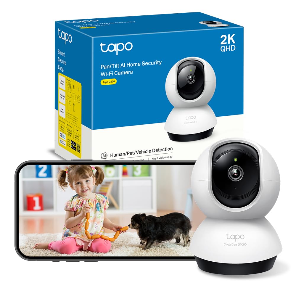Tapo C220 - Cámara de Vigilancia WiFi Interior 360º, 2K QHD, Detección IA | Detección Movimiento, Personas, Mascotas, Llanto de Bebé y más. Visión Nocturna. Alarma Luz y Sonido. Admite MicroSD.