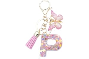 Xsclpomddy A-Z Initials Letter Keychain Pink with Tassel Butterfly Pendant for Wallet Backpack Handbags Women Girls