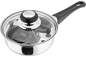Judge Essentials Two Cup Egg Poacher and Stainless Steel Frying Pan, 16cm, Vented Glass Lid and Stay-Cool Handle