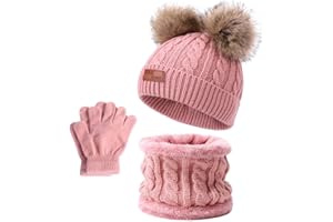 Mineup 3 In 1 Kinder Wintermütze Schal Handschuhe Set, Warm Winte Strickmütze Kinder Mütze, Beanie Hut Schal Handschuhe mit Strickmütze Mütze für Mädchen 1-5 Jahre