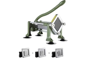 VEVOR Coupe-Frites Manuel, Coupe-Légumes Multifonction avec Lame en Inox de 12,7 mm, 9,5 mm et 6,35 mm, Coupe Pomme de Terre Patates avec Ventouse, pour Concombres, Carottes, Restaurant, Vert