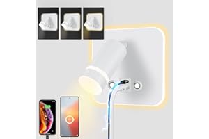 HUIZHOU Reading Lamp Wall Mounted LED Wall Light Touch Control 3 Colour Temperatures and 12 W USB Charging Port 350° Rotating Bed Reading Light Living Room and Bedroom (Square White)