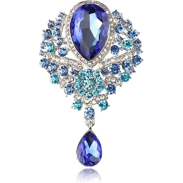 Vintage Blue Flower Teardrop Brooch Pin – Austrian Crystal & Rhinestone – Gold Tone