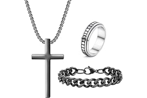 XSDSLS 3 Stück Herren Schmuck Set Edelstahl Kette mit Kreuz Anhänger Kubanische Armband Spinner Ringe Kreuz Halskette mit Box-Kette Halloween Hochzeit Geschenke für Herren Männer