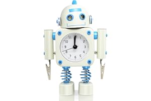 Betus [Non-ticking Robot Alarm Clock Stainless Metal - Wake-up Clock with Flashing Eye Lights and Hand Clip (White)
