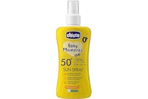 Chicco Latte Spray SPF 50 +, Spray Solare ad Ottima Protezione, per la Pelle Sensibile del Bambino, Protegge dai Raggi Solari, Leggera e Resistente all'Acqua, Idratante, 150 ml