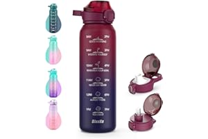SLUXKE Botella Agua 18/10 Acero Inoxidable 1 Litro, Botella Termica 1000ml con Handle y Marcador de Tiempo, Libre BPA, Cantimplora Infantil para Gimnasio, Deporte, Ciclismo