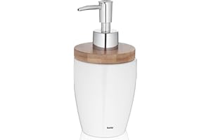 Kela 18596, dozownik mydła, ceramika/drewno bambusowe, 17,5 cm, 350 ml Natura, biały