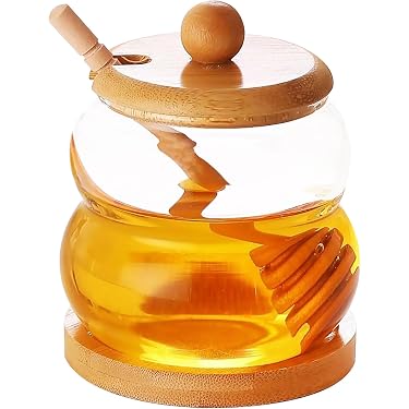 Pot à Miel En Verre Avec Cuillère En Bois - Distributeur De Miel 800ml, Couvercle étanche (design Rayures Verticales)