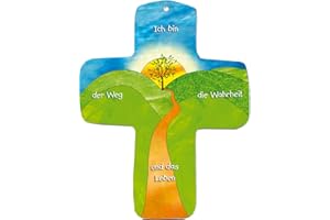 metALUm Kleines Kinderkreuz zum Aufhängen aus umweltfreundlichem Holzwerkstoff, Motiv: Ich bin der Weg, Geschenk zur Kommunion, Konfirmation und Taufe, für Jungen und Mädchen