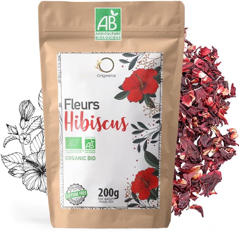 ORIGEENS HIBISCUS BIO 200g Grade Supérieur | Fleur Hibiscus pour Bissap, Thé glacé, Infusion et Tisane | Infusion Detox Drainante | Fleurs d'Hibiscus Séchées Bio