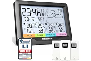 Newentor Wetterstation Funk mit 3 Außensensor Innen und Außen Thermometer Hygrometer DCF-Funkuhr Multifunktionale Funkwetterstation mit Wettervorhersage