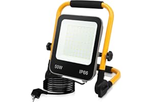 ‎IKODM Ikodm LED Baustrahler, 50W 5100LM Arbeitsleuchte Strahler, IP66 Wasserdicht Tragbar Arbeitsscheinwerfer 6000K Kaltweiß Bauscheinwerfer, 3M Kabel und Faltbarer Ständer für Baustelle, GOL-8789-M1x