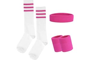 LUFDEGIM Schweissband und Socken Set, 80er 90er Jahre Schweißband Gestreiftes Stirnband, Armband, Gestreifte Hohe Socken für Damen Herren Sport Laufen Radfahren Karneval Kostüme Party