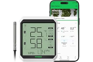 VIVOSUN AeroLab THB1S Drahtloses Bluetooth Hygrometer Thermometer, Digitaler Temperatur- & Feuchtigkeitsmesser mit VPD, LCD-Display, Datenspeicher, Dualkanäle mit Sonde, Batterie
