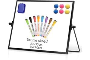 DOLLAR BOSS Magnetic Desktop Whiteboard 30x40cm Black Frame Double Sided Dry Erase Small White Board with Stand, A3 Mini Whiteboard 8 Pens, 1 Eraser, 6 Magnets, for Kids Students School, Home, Office