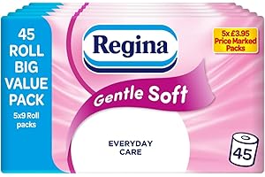 Regina Gentle Soft Toilet Tissue - 45 Rolls of 3 Ply Toilet Paper, 160 Sheets, Soft and Gentle, 30% PCR Plastic Packaging, FSC Certificated