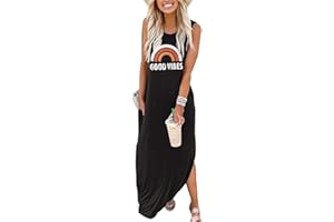 Sxkayxr Women's Summer Sleeveless Maxi Dress Casual Loose Beach Good Vibes Tshirt Dresses with Pockets