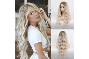 EMMOR Parrucca bionda lunga beige per donna - Parrucche sintetiche naturali ombre ricci Capelli scuri con radice centrale, Cosplay per feste Uso quotidiano (2 pezzi Cappuccio parrucca gratuito)