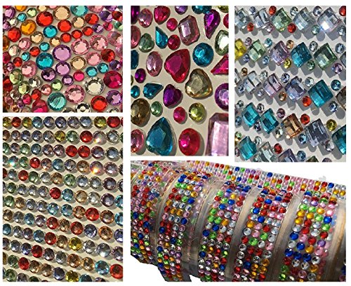 Großes Buntes Bastel Set Strass Steine selbstklebend + Tabes über 1000 Steine glitzernden Strasssteine / Acrylsteine selbstklebend rund bunt + Multiglanz Effekt + mittelgroß in verschiedenen Formen basteln Gltzersteine Schmucksteine Strass Steine Acryl Steinchen zum Verzieren von CRYSTAL KING