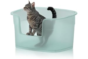 JUNHONSION Bardzo duża kuweta dla kotów, głębokość 63 cm x 45 cm x 33 cm, łatwe czyszczenie, wejście z obniżonym wejściem, ochrona przed rozlaniem, przezroczysta, zielona