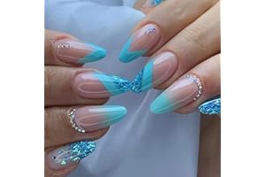 CEBOIC Migdałowe sztuczne paznokcie średniej długości, francuski tancerz sztuczne paznokcie eleganckie dotyk z wzorem, naturalne naklejki na paznokcie dla kobiet i dziewcząt manicure (niebieski dżetów)