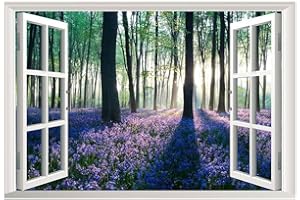 Lichi Faux 3D Window Art Decal Wall Sticker, Realistic Woodland Flower Field View, Nature Photo Poster Wallpaper Self Adhesive Mural, Bedroom Bathroom Living Room Removable Decor, Peel and Stick