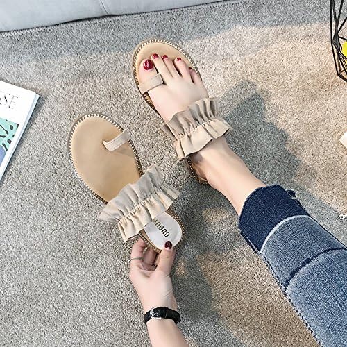 Angrousobiu Stylish Flat Cool Slippers Summer Girls Lotus Leaves Edge Flat With Leisure Wild Beach And,35, Beige
