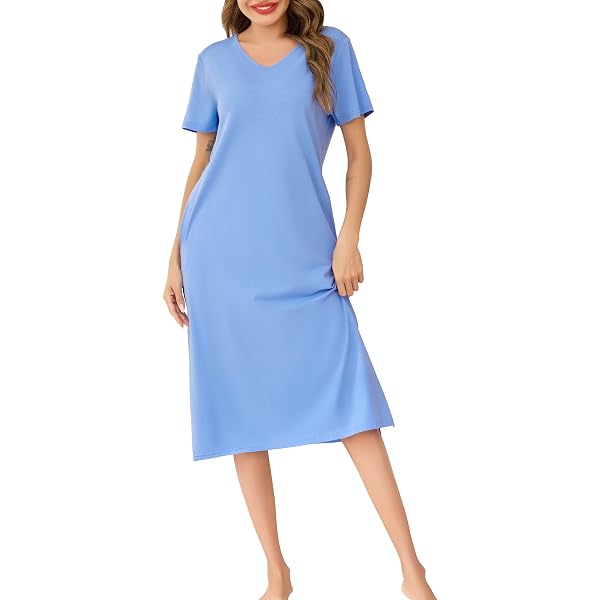 Chemise De Nuit Femme Longue Litherday - Coton Doux Col Rond Manches Courtes Rayée Avec Poches