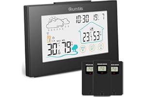 Quntis Stazione Meteorologica con 3 Sensore Esterno, Wireless Touch Screen Termometro Igrometro Digitale Casa, con Temperatura,Umidità,Previsioni Meteo,Ora Locale,Sveglia- Nero