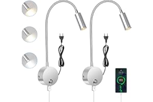 ERWEY 2 luci da parete a LED, per comodino con interruttore, porta di ricarica USB, 3 W, lettura da letto girevole a 360°, con presa e cavo per camera da letto, 3000-6000 K, argento