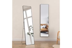 Warmiehomy Full Length Mirror, 147x37cm Large Wall Mounted or Free Standing Leaning Mirror with Black Metal Frame for Living Room or Bedroom