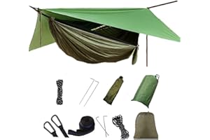 OVYUZHEN Camping Hammock with Rain Fly Tarp Mosquito Net Heavy Duty Tree Straps Portable Single Double Parachute Hammock Tent Waterproof Rainfly Set for Garden Beach Travel Backpacking outside Activities