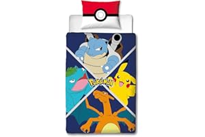 Character World Pokémon Parure de lit Simple avec Housse de Couette réversible 2 Faces Motif Personnages Pikachu avec taie d'oreiller Assortie | Parfait pour Chambre d'enfant | Polycoton