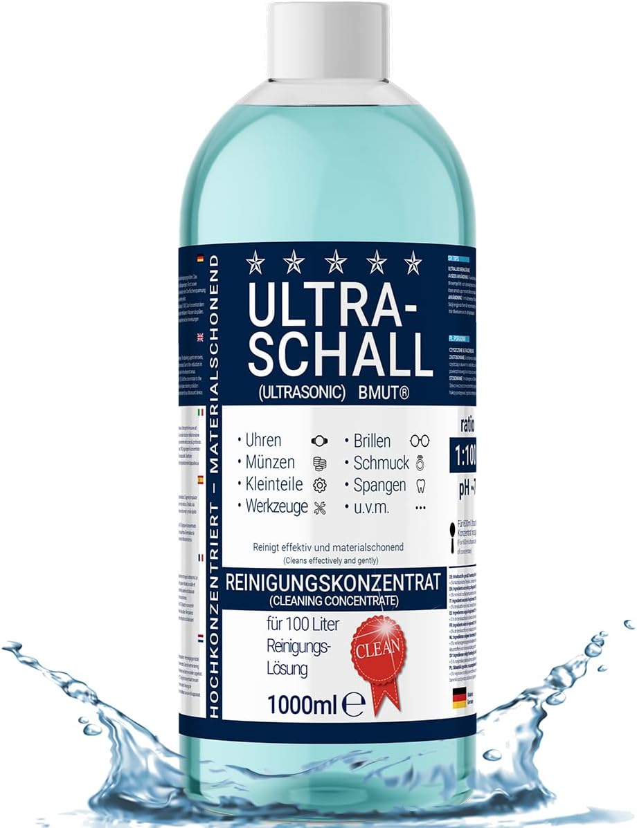 1 x 1000 ml de nettoyant à ultrasons concentré | liquide | pour lunettes, montres, bijoux, prothèses dentaires, etc. dans un bain à ultrasons