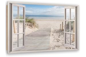 Feeby Cuadro Imagen 3D Ventana Playa XXL 120x80 cm 1 Pieza Modernos Impresión Artística Calidad Fotografica Imagen Decoración de Pared Salon Dormitorio Cocina Oficina Pasillo Beige
