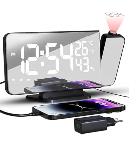 Netzu Projectiewekker voor plafond en muren, digitale wekker met 180° projector, temperatuurweergave, led-display, 4 helderheid, 3 volumes, 9 minuten sluimer, 12/24 uur, wekker met projectie