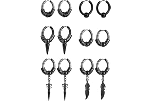 VELESAY 6Pares Pendientes de Colgante de Aro Pendientes de Acero Inoxidable Aro Pendientes Aretes de Pluma Largos Colgantes Pendientes Punk Gótico Kpop Pendientes Para Hombres Mujeres Plata Negro