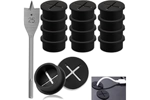 SWTYExt 12 sztuk przepustów kablowych 25 mm, na biurko, czarny, do stołu, przepust kablowy, elastyczny, silikonowy, na biurko, z 1 wiertłem, do szkoły, biura, domu