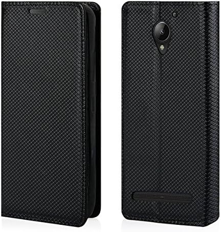 QULT® Bookstyle Handy Tasche für Lenovo C2 Power Schwarz Flip Case Magnetverschluss Book Cover mit Kartenfach und praktischer Aufstellfuntkion das innere Gummi Silikon Schutz Hülle