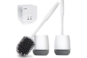 Hulameda Toilet Brush and Holder 2 Pack, Silicone Toilet Cleaning Brush with Quick Drying Holder, 3.2 x 5.5 Inches, Gray & White, (Flooring/Mounted Wall)